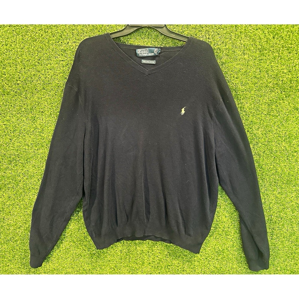 Polo Ralph Lauren Mens XL Navy Blue Pima Cotton V-Neck Knit Pullover Sweater